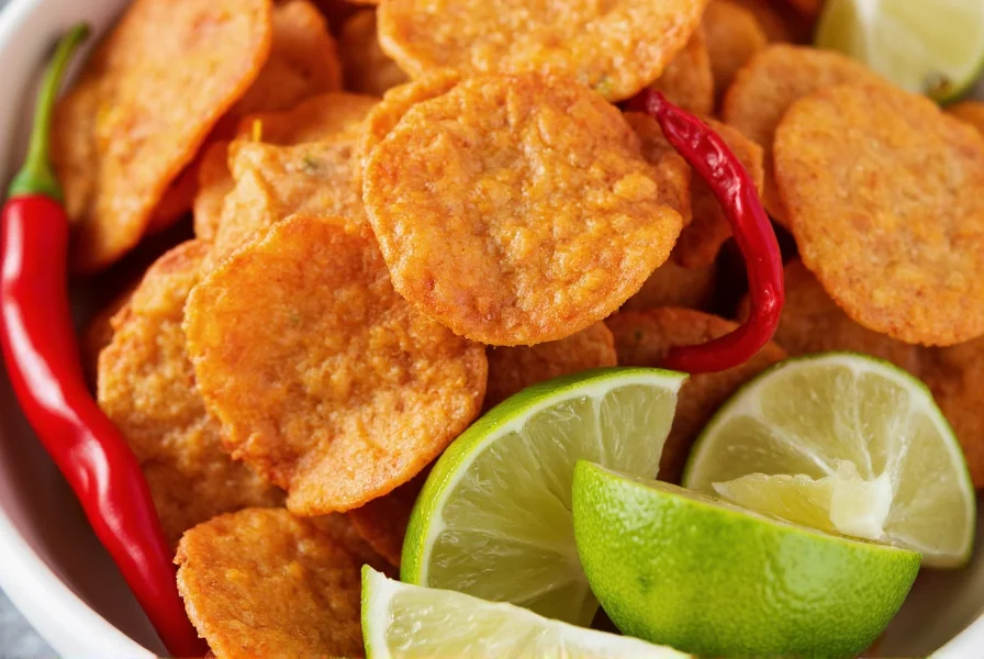 Close-up photograph of chili lime chips arranged in a bowl with fresh lime wedges and chili peppers