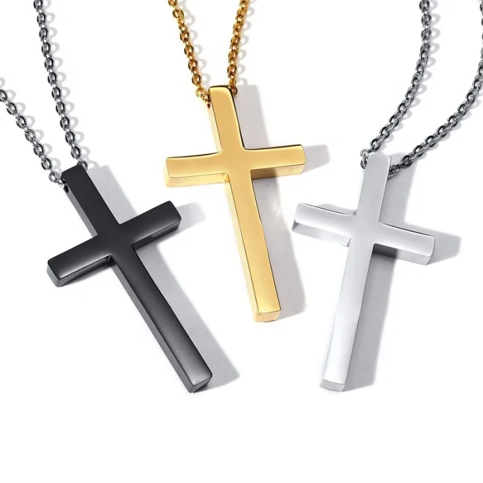 

High grade silver/gold/black color christian religious gift hot sale simple classic stainless steel cross pendant with chain