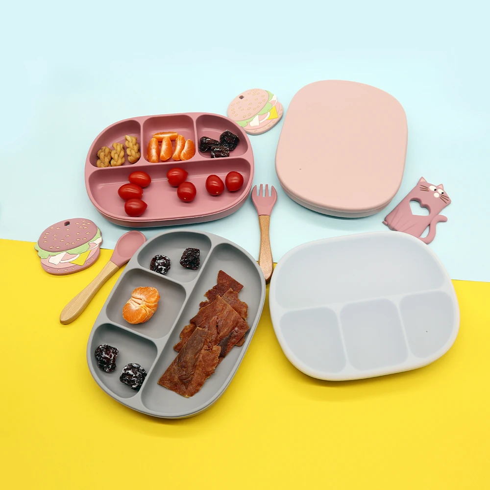 

round divider plate bpa free baby feeding set dinner plates with suction cup food grade silicone plate for babies, Customized color