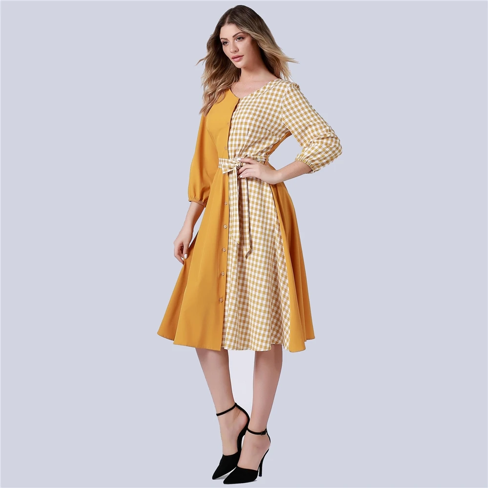 

YHQY082 V Neck Long Sleeve Belt Waist Slim Contrast Shirt Dress Women Autumn Maxi Dress, Yellow and plaid contrast