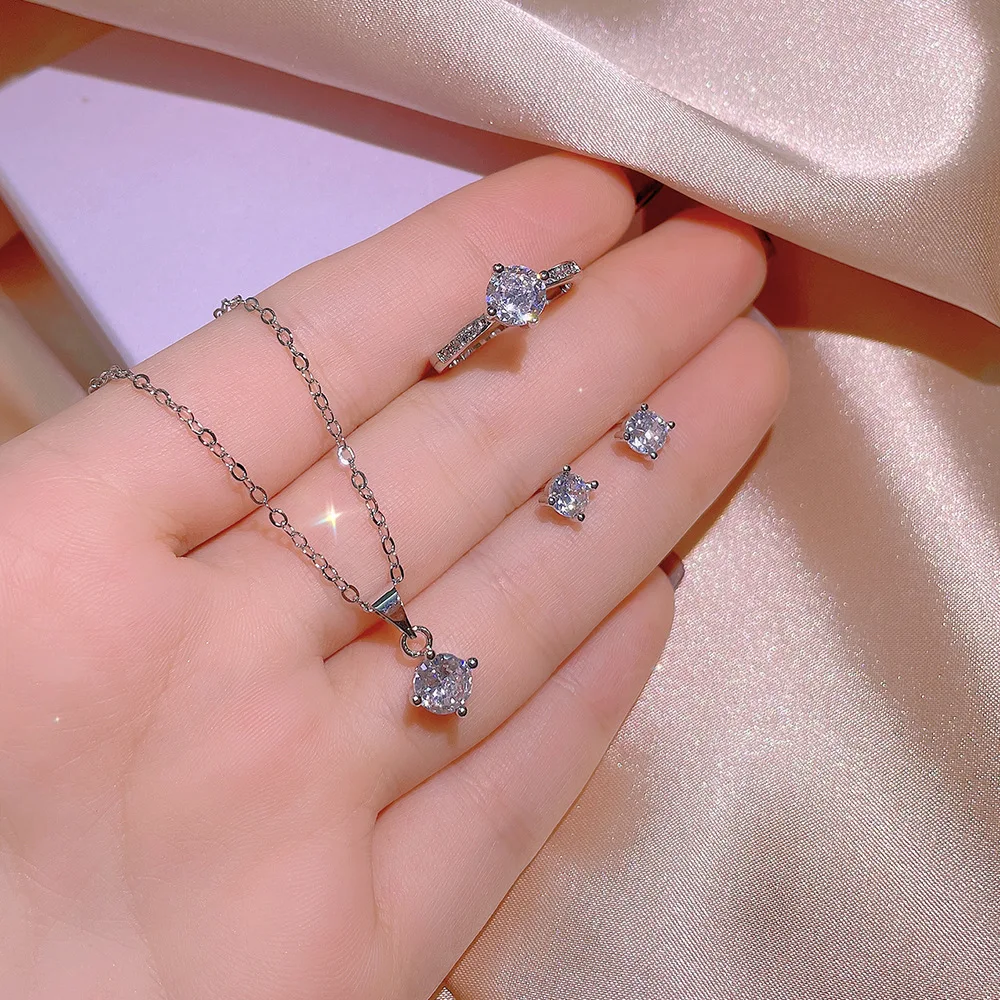 

Women Lady's Shiny Rhinestone Crystal Necklace Earrings Ring Jewelry Set Zircon Wedding Bridal Jewelry Set