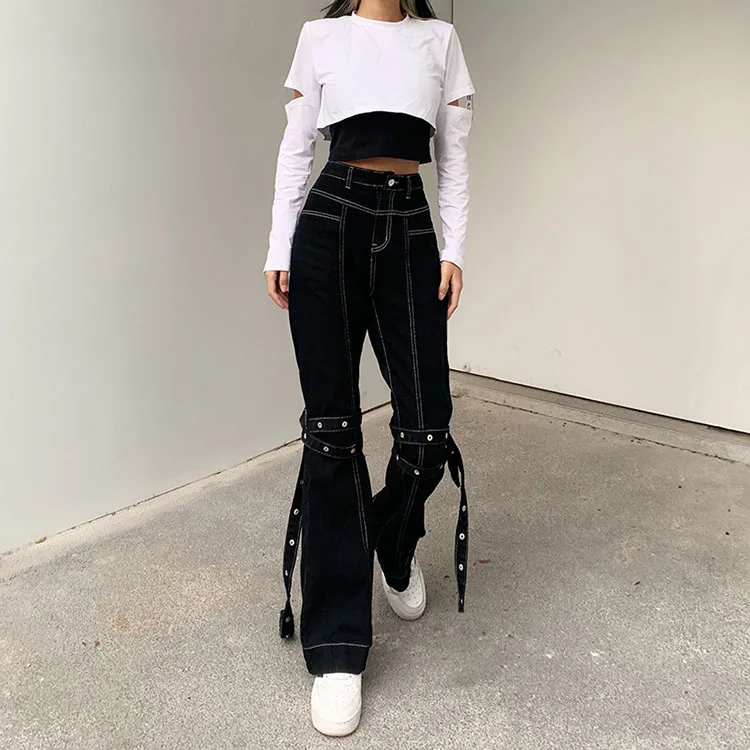

Fall Winter Streetwear Clothing Designer High Waist Denim Jeans Wide Leg Trouser For Ladies Pant Women's Baggy Flare Black Jeans