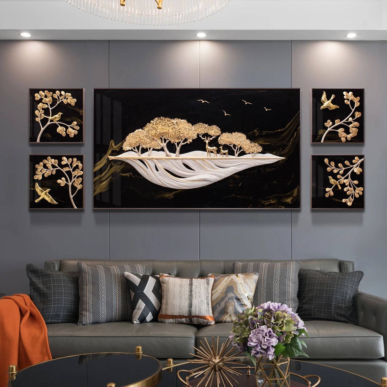 

Relife 2020 new arrival luxury resin 3d art wall painting handmade black gold home decoration pieces home decor luxury