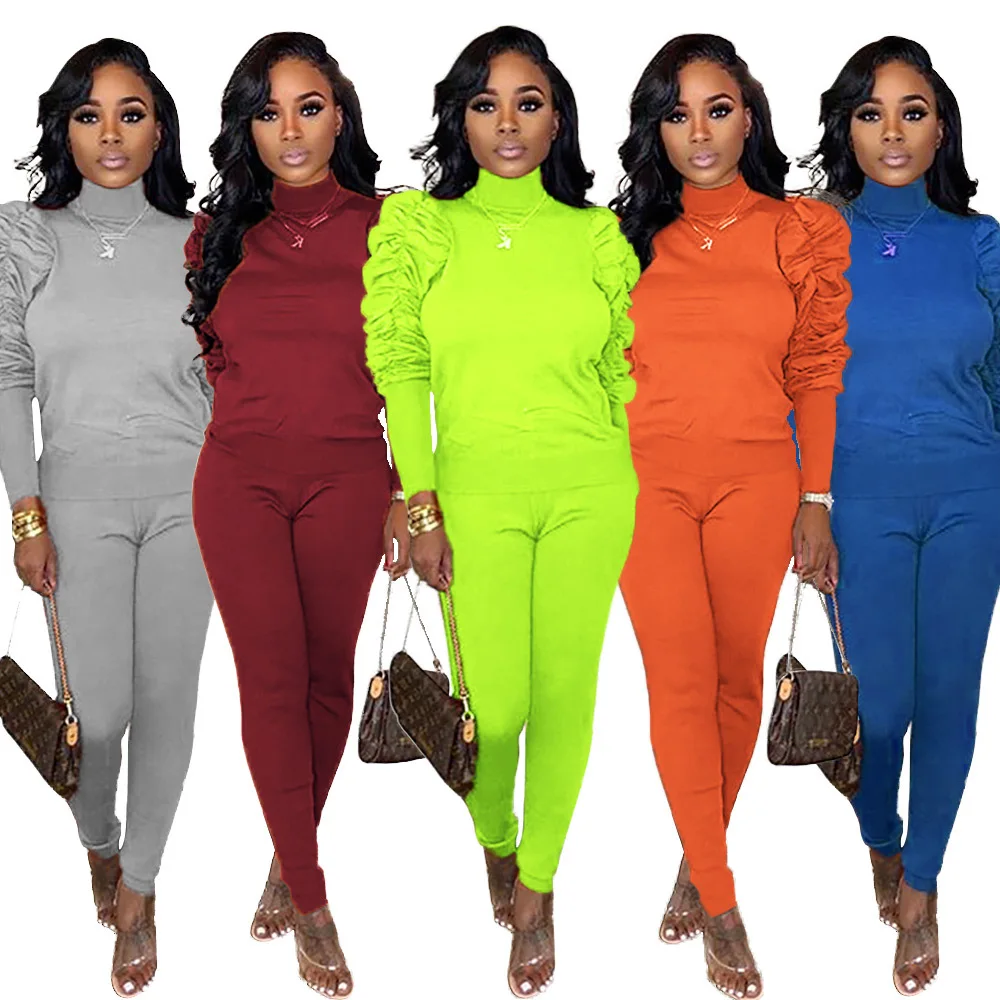 PA6287 - ladies stylish pants and pleated long sleeve top two piece set