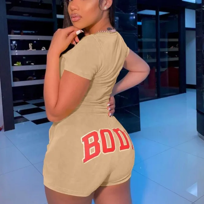 

X01199L Casual sport women O-neck short sleeve top and Body printed shorts suits Hot sale girl's street style two pieces sets, 6 colors