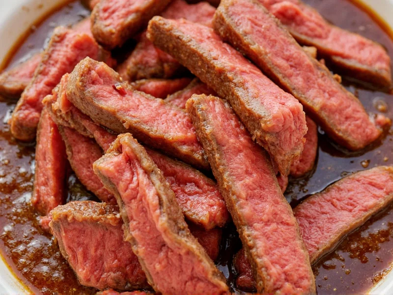 Thinly sliced beef strips marinating in homemade teriyaki sauce