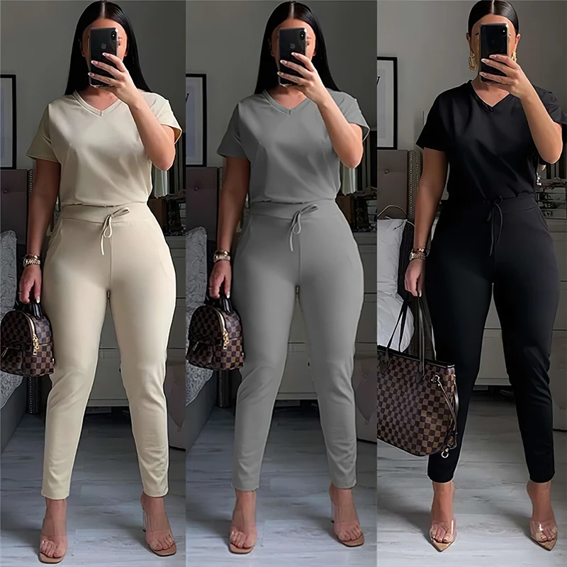 

New arrival summer causal women two piece pant sets T-shirt and jogger solid 2 pcs sets sport outfits clothing, Shown