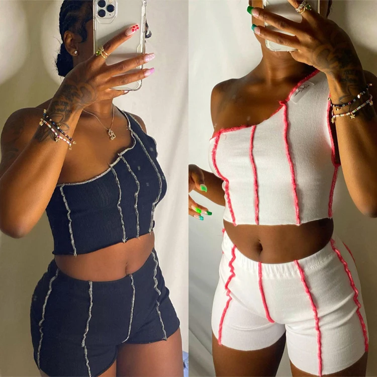 

Streetwear New Trend Asymmetrical Patchwork White Summer Outfits Crop Tops Sleeveless Club Skinny 2 Piece Shorts Set Women