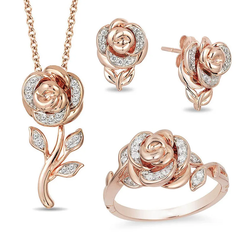 

4pcs Amazon Best Selling 14k Gold Plated Crystal Rhinestone Rose Necklace Set Flower Jewelry Set For Women