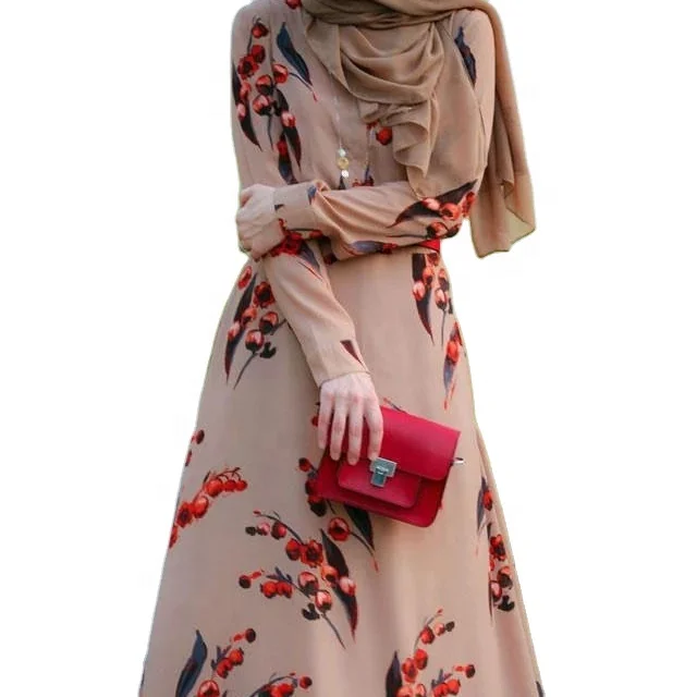 

Ladies Cherry Floral Printing Fashion Long Sleeve Chiffon Muslim Maxi Dress Islamic Arab Saudi Abaya2021