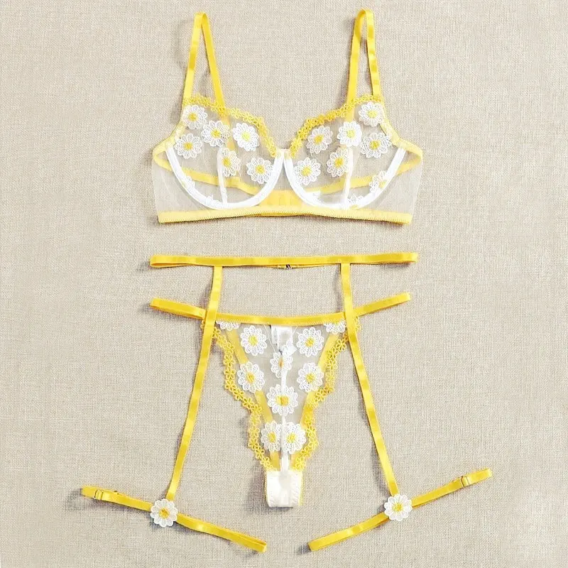 

New fashion women's sexy Daisy Floral Embroidered Mesh Garter Underwire Lingerie Set, Yellow