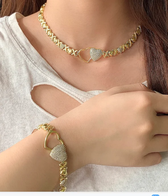 

Hip Hop aotu jewelry set heart shaped cubic zirconia diamond chunky bracelet gold plated choker necklace, As picture