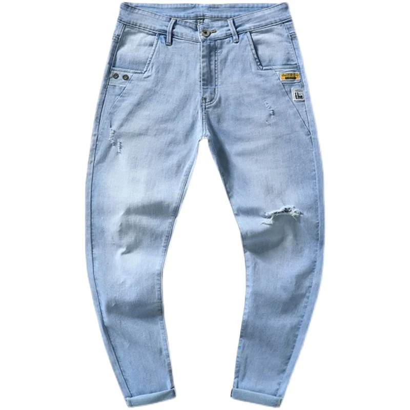 

2021 Light blue jeans Men's trend slim slim feet Stretch versatile casual pants