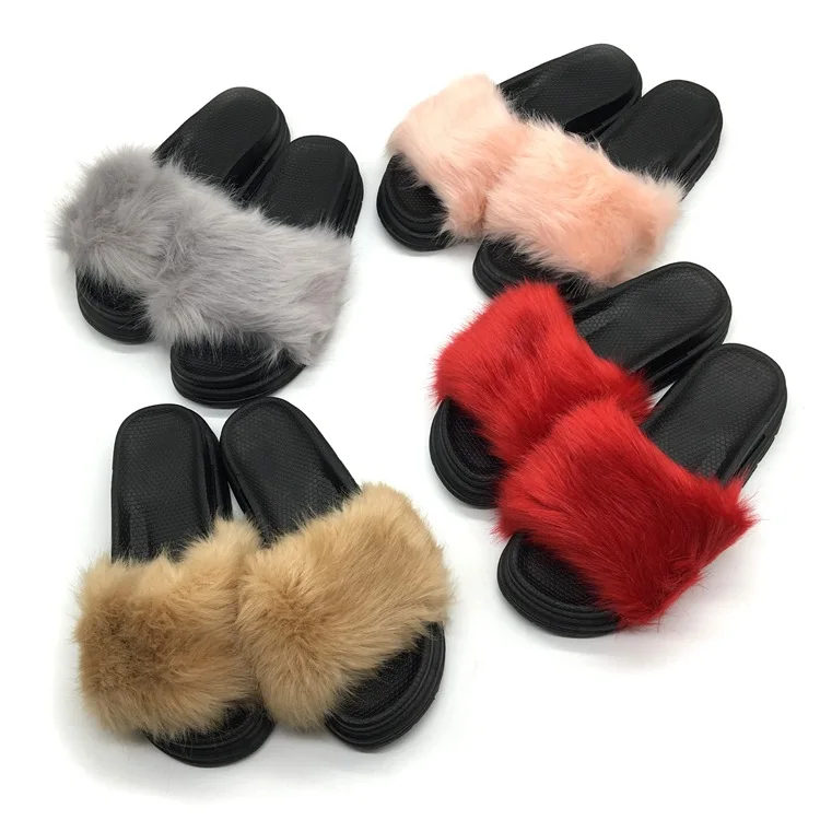 

2019 New Design Women's Fur Slippers Fur Woman Slides Home Furry Flat Sandals Female Cute Fluffy House Shoes Flip, Customer's request