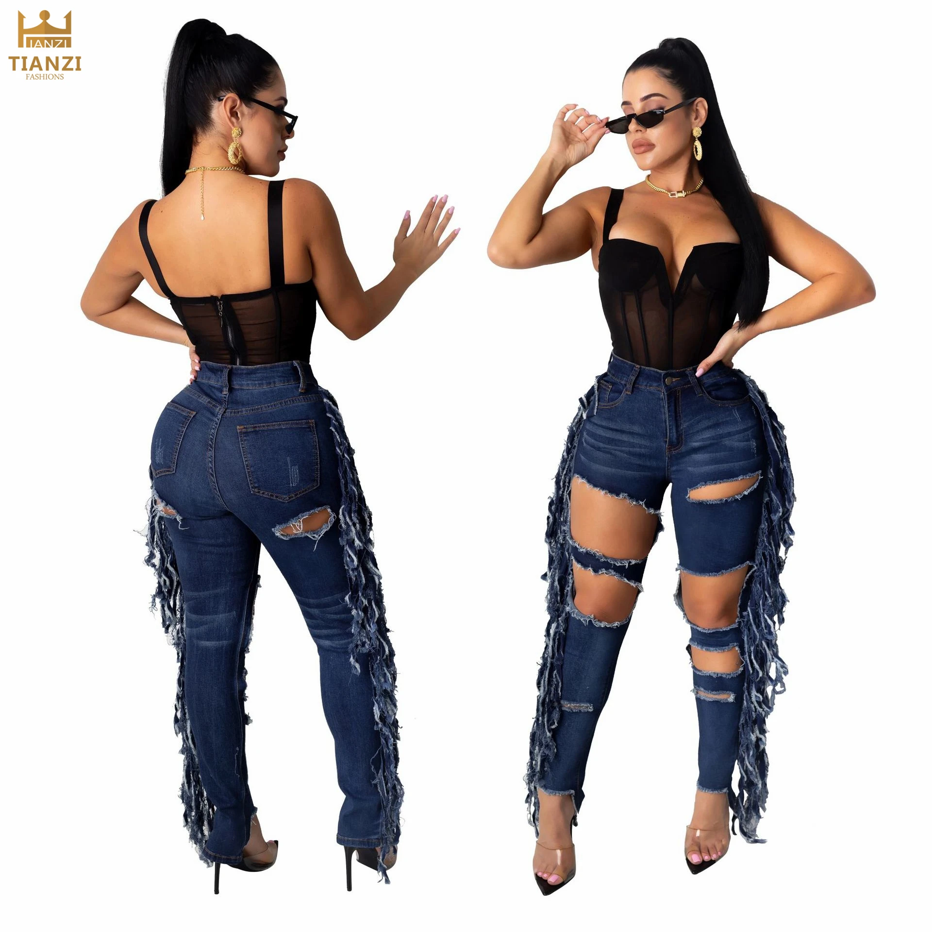 

H7417 - women trendy fashion long hollow out denim pants with tassel