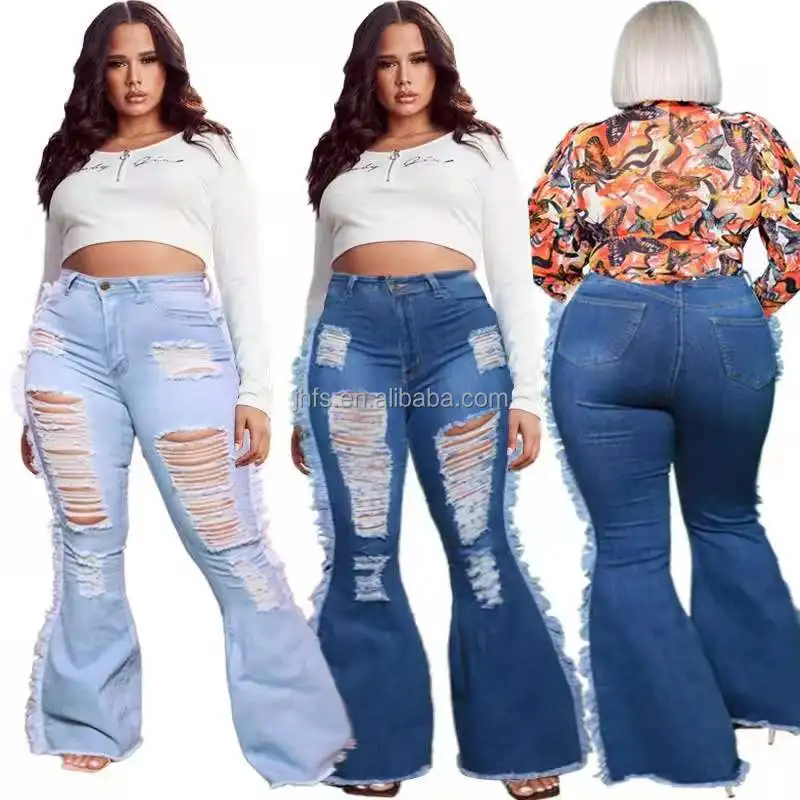 

J&H 2022 trendy style plus size bell bottom jeans chic ripped hollow out pants with side tassels casual trousers, 2 color as picture