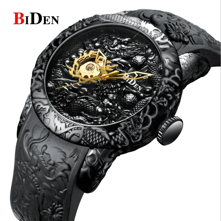 

BIDEN big dial 3D embossed skeleton wristwatches silicon band gold dragon waterproof automatic movement mechanical watch