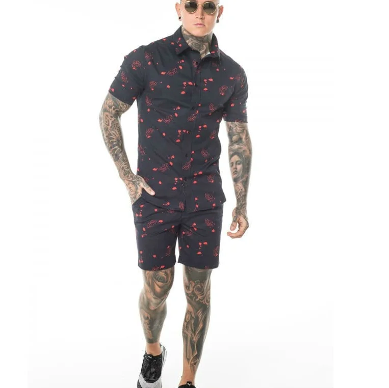 

Men Summer Flower Printed shirt Romper Casual Short Jumpsuit Beach Sets One-piece Outfits Playsuit