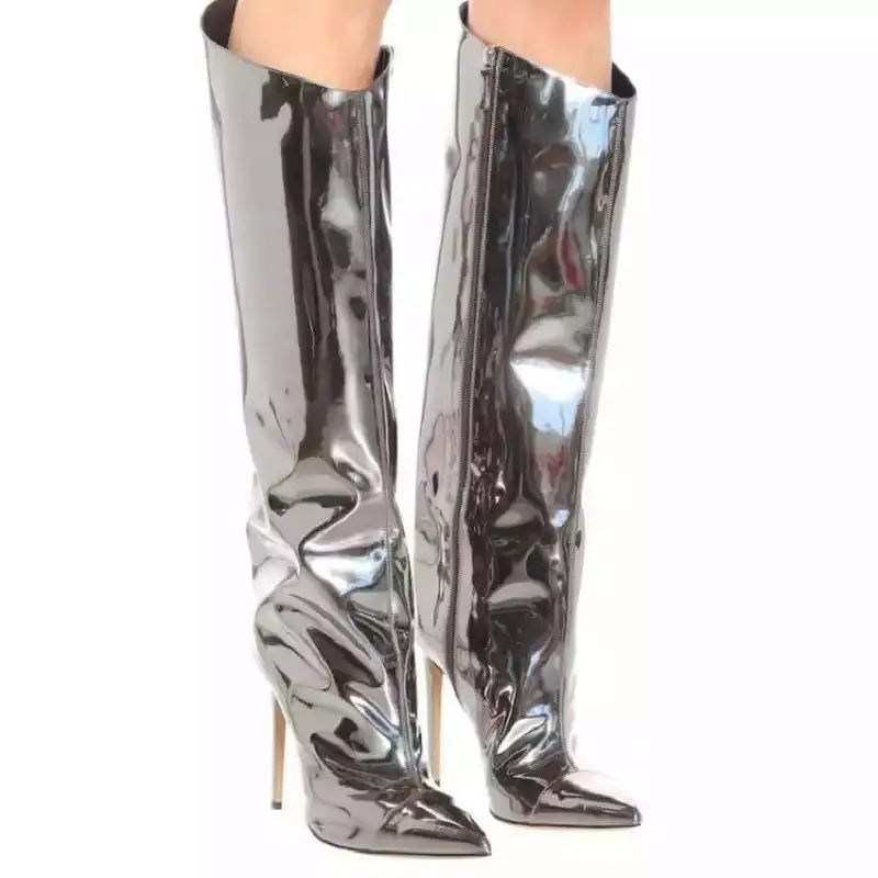 

Plus Size 17 Fashion Glossy Ladies Winter Wide Calf Boots Party Stiletto Heel Boots Sexy Women Knee High Boots Wholesale