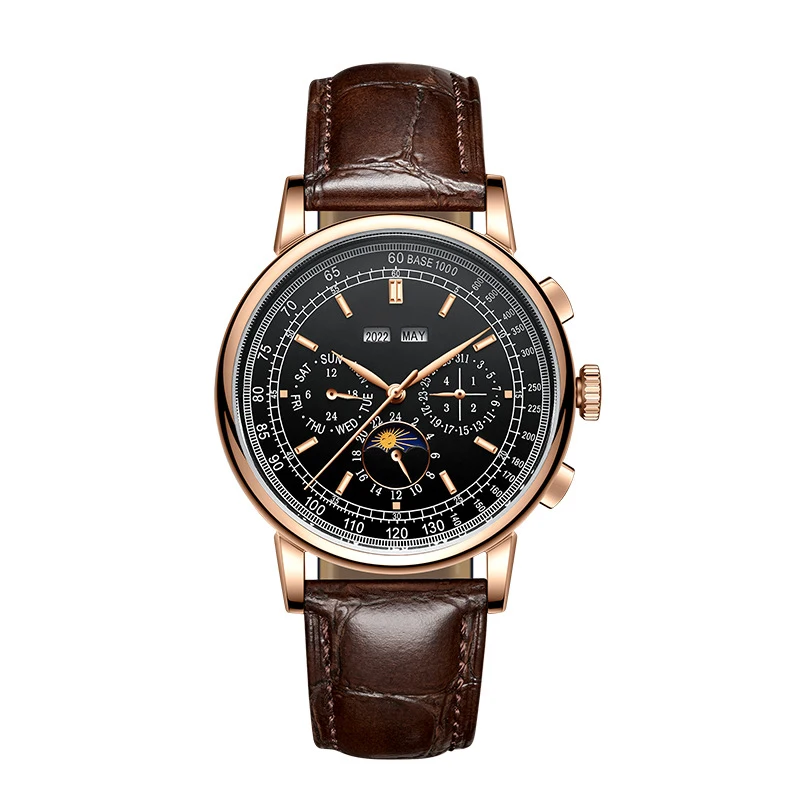 

dropshipping service 24 hours ship men rose gold mechanical watch moon phase movement fashion automatic watch