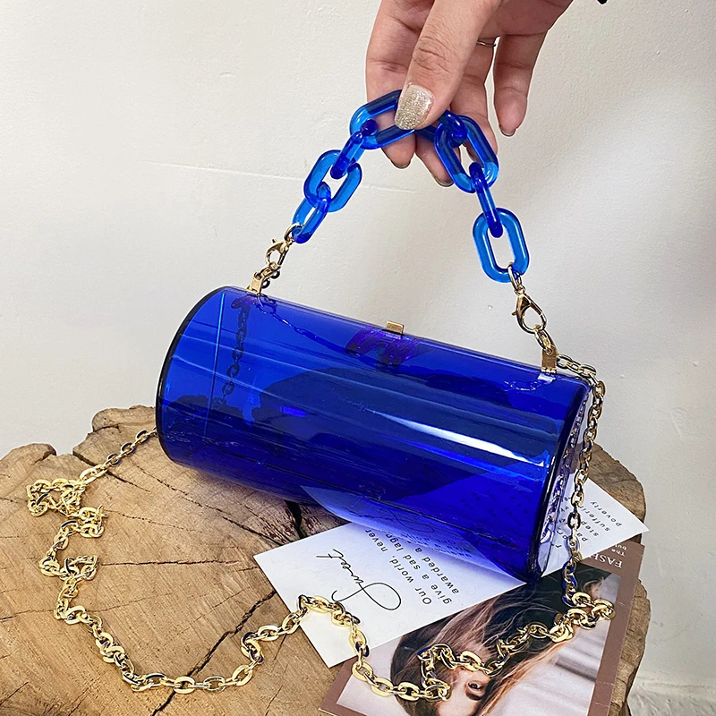 

2021 Fashion Acrylic Transparent Women Cylindrical Tote Bags Purses and Handbags, Yellow, black, red, orange, blue, transparent