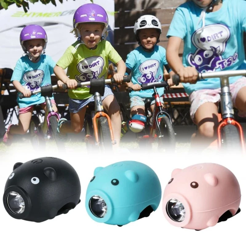 

USB Charging Children's Skateboard Balance Bike Piggy Light Silicone MTB Bike Front Light With 5 Types Horn Sound, Black/blue/pink/green