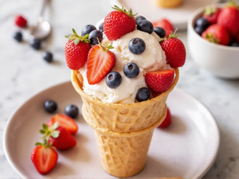 Homemade vanilla ice cream scooped into waffle cone with fresh berries