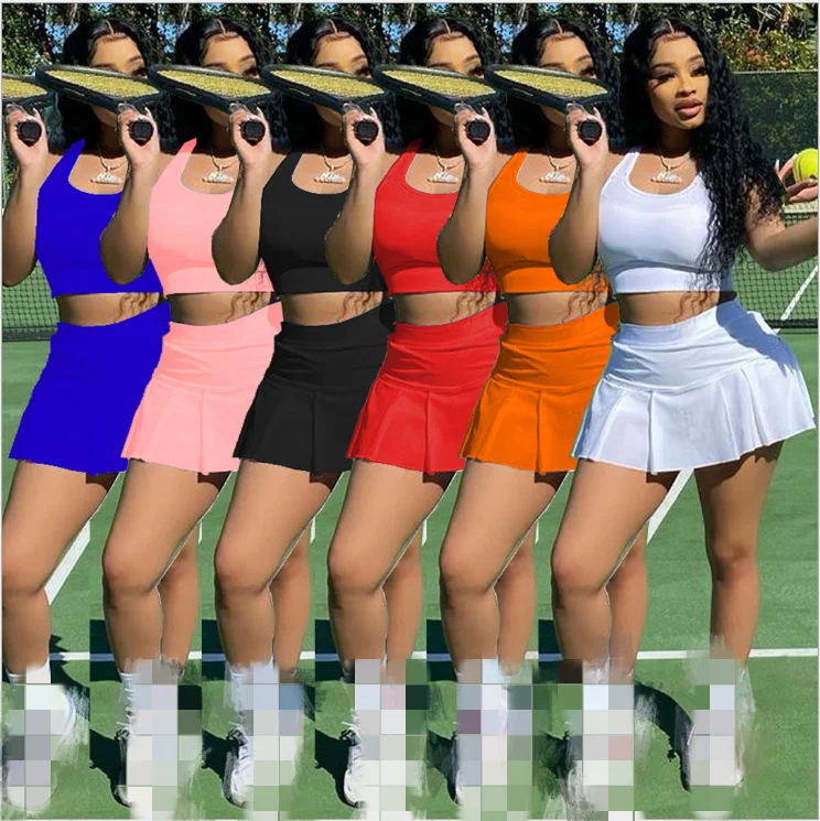 

Casual Sexy Solid Slim Sports Outfits Crop Top Tennis Dress Tennis Summer Skirt Set