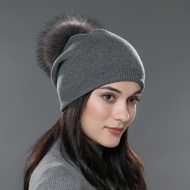 RTS Winter Knitted Beanie Hat With Real Fur Pom Pom Hats for Women Factory Cashmere Wool Knit Hat Wholesale