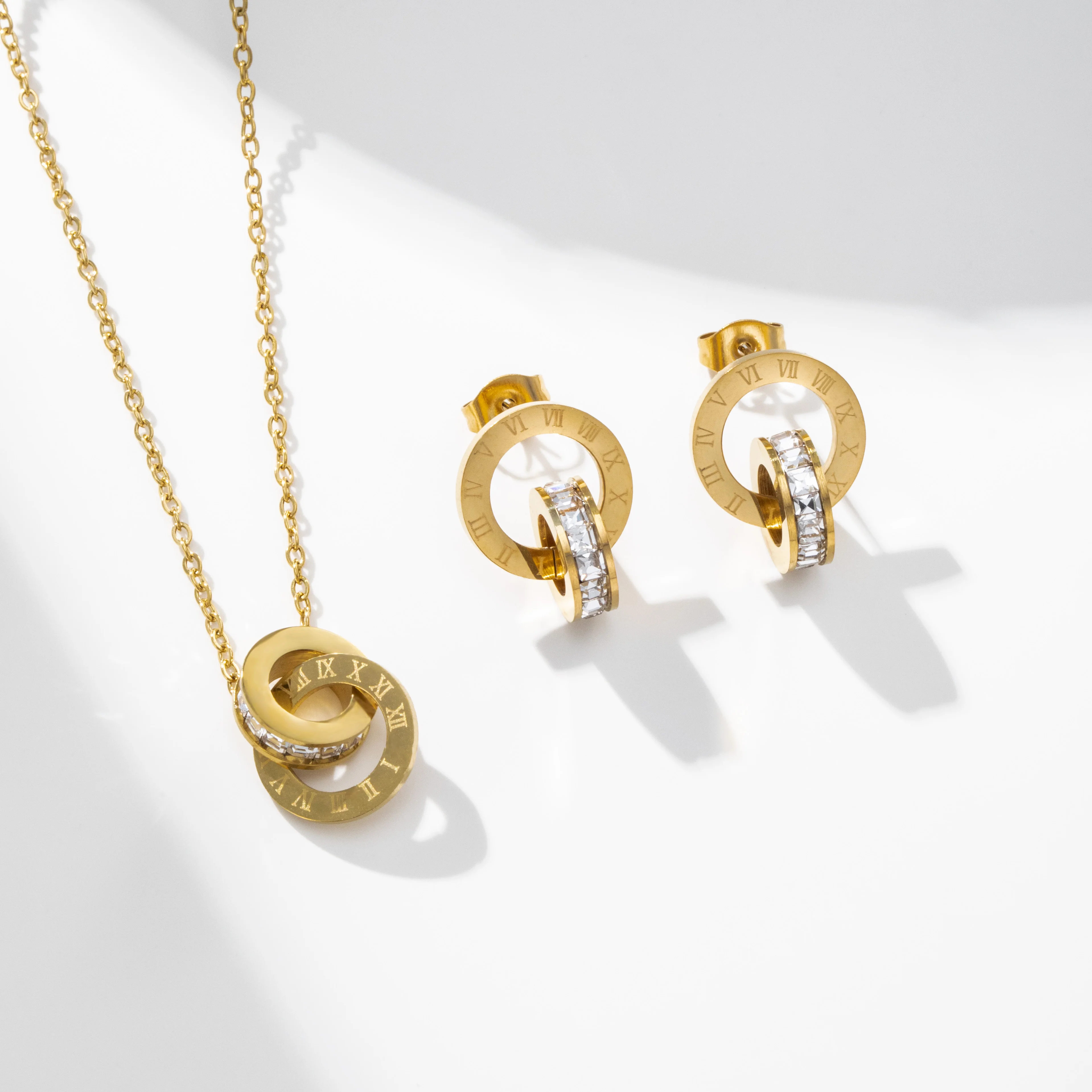 YF2425 Wholesale Jewelry Set 18K PVD Gold Plated Stainless Steel Zircon Roman Numeral Pendant Lucky Necklace Earrings Set