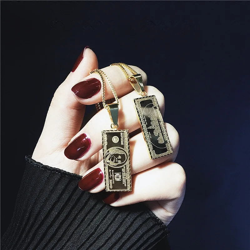 

hips hops Dollar Necklaces Street Wear Vintage Gold Men One Million Us Dollar Bill Banknote Pendant Rich Money Jewelry Necklace, Picture