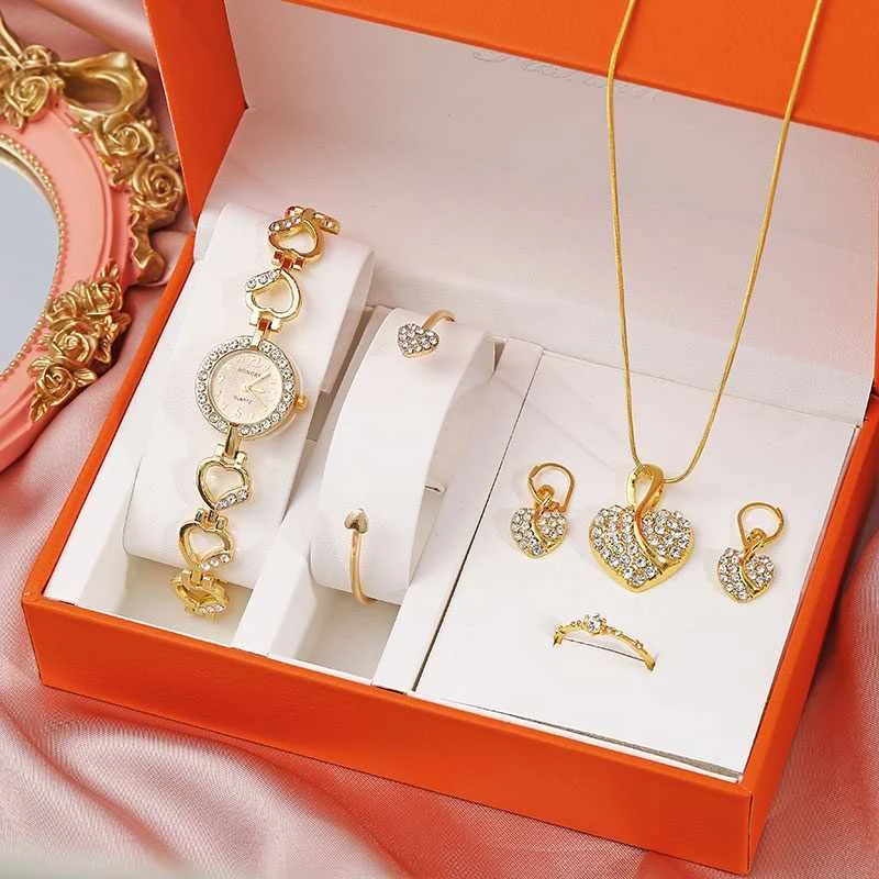 

17KM Luxury watch jewelry Set Women Crystal Bracelet Stud Earring Necklace Set Ladies Watch Casual Quartz Watch