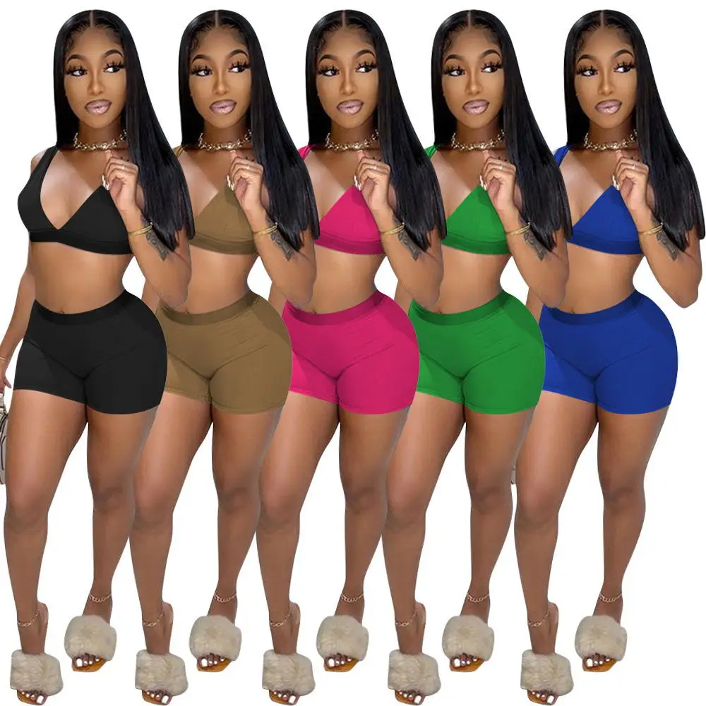 

2022 New Arrivals Ladies 2 Piece Set Solid Color Tight Two Piece Crop Sets Tank Top And Sexy Shorts Set, Customized color,picture show