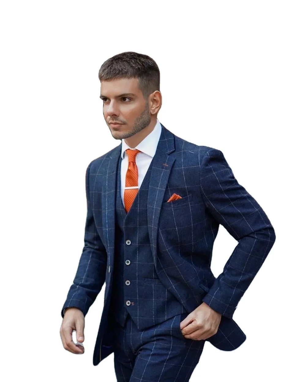 

2021 Itailian Plaid Men Suits Costume Homme Marrige Slim Fit Prom Wedding Groom Terno Masculino Blazer 3 Pcs (Jacket+Pant+Vest), Blue light blue black