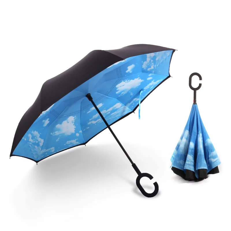 Low MOQ blue sky and white cloud double layer inverted umbrella reversible umbrella custom logo