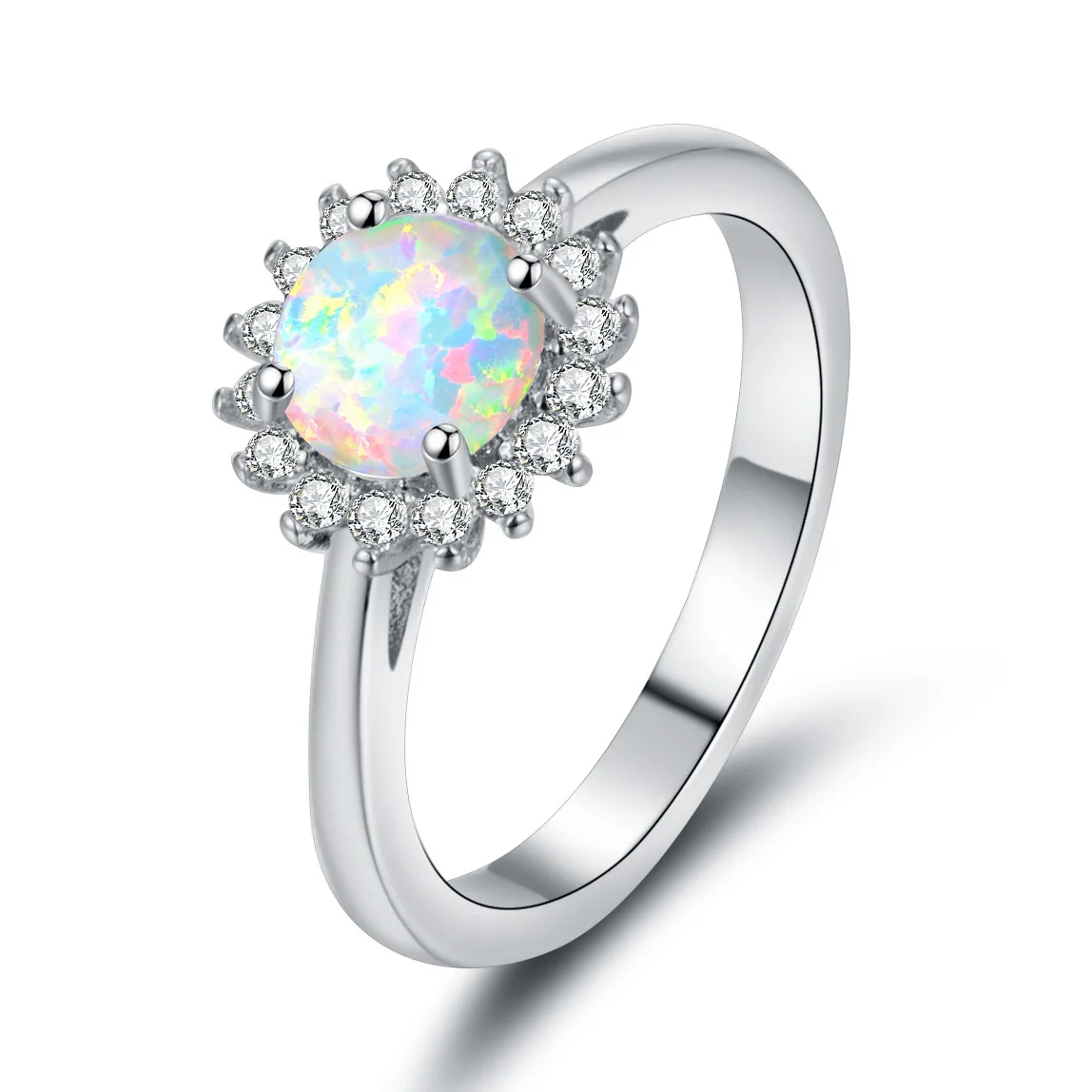 

Dr. Jewelry Latest 925 Sterling Silver Diamond Flower Round Moonstone 6MM Opal Ring for Women Valentine's Day Gift, Picture shows