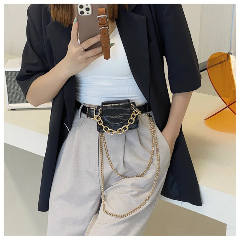 

2021 New Quality Chain Crossbody Bag Small Belt Coin Purse for Women Stone Pattern Mini PU Leather Waist Bag, 4 colors