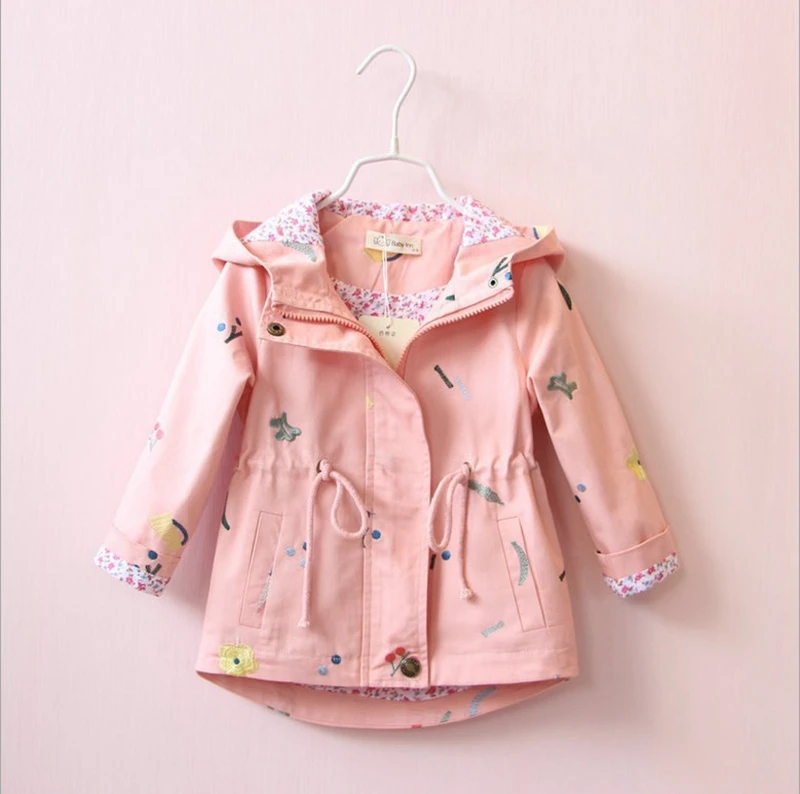 

Trench Coat Autumn Spring Children's Outerwear for Baby Girls Girls Trench Coat Jacket Children's Embroidered Long Sleeve Hooded