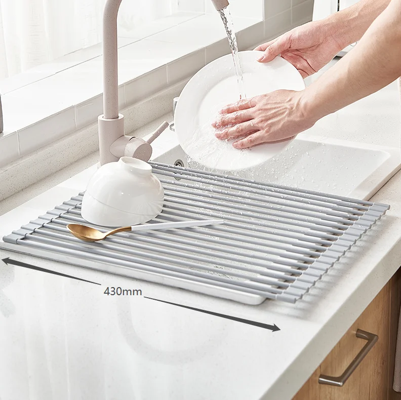 

Wholesale Roll Up Silicone Kitchen Stainless Steel Plastic Drain Basket Organizador Drainer Folding Dish Drying Sink Rack, Grey