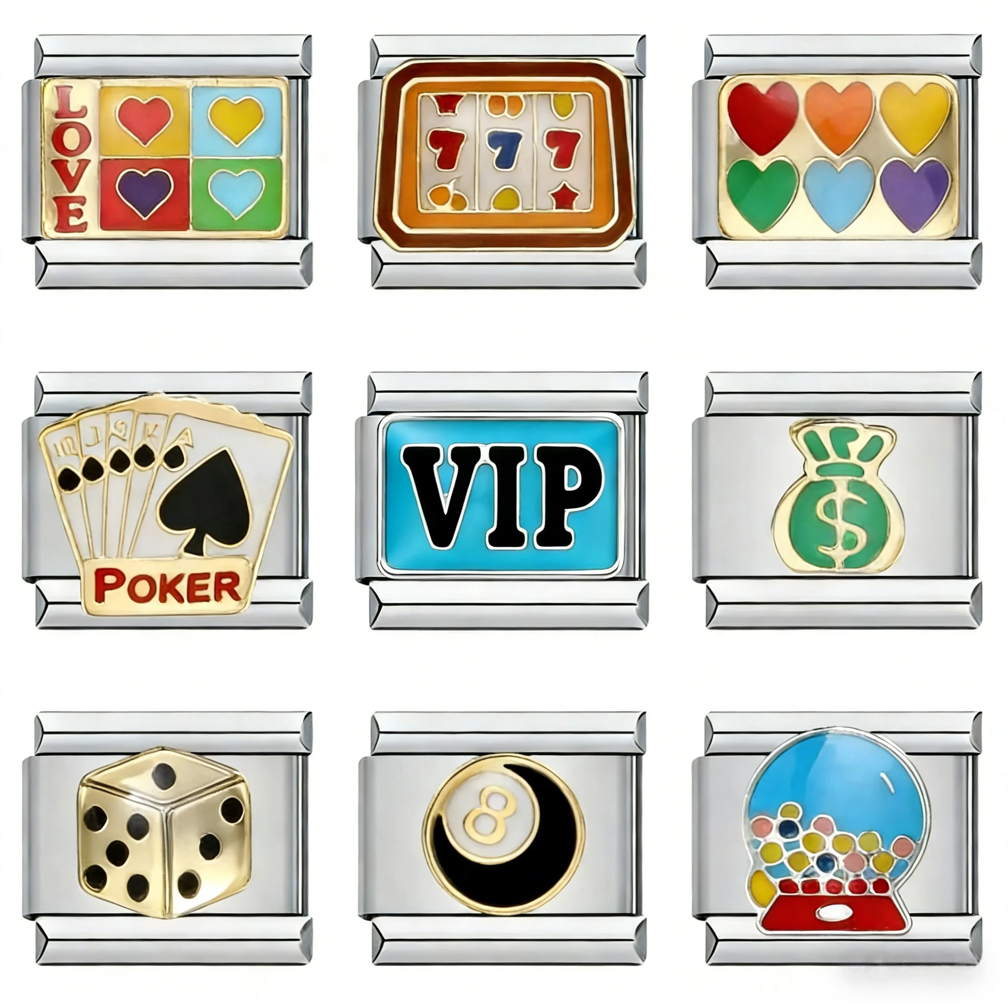 Fashion Colorful Glaze Dice Poker Dollar Charms Italian Links 9mm Platinum Plated Unisex Stainless Steel DIY Making Bracelets