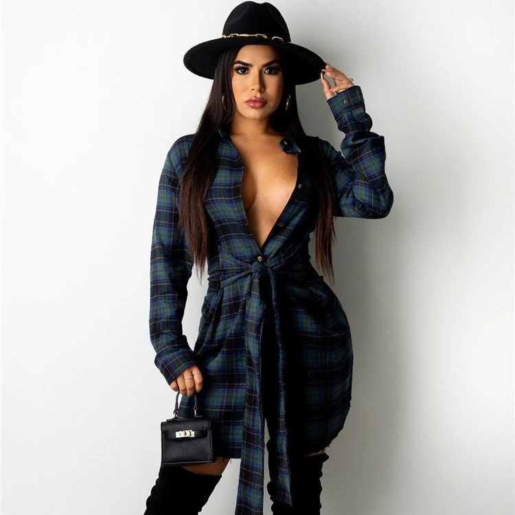 

Latest Design Autumn Long Sleeve Button Plaid Shirt Dress Sexy Waist Bandage Women Club Short Dress