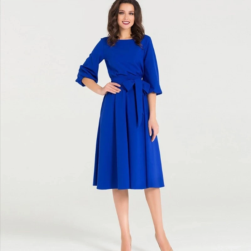 

QRWR Summer Autumn Women Dress 2020 Solid Color High Waist A Line Ladies Midi Dresses Casual Puff Sleeve Vintage Dress Women