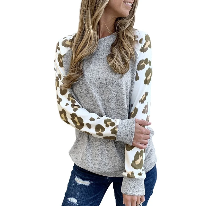 

Free Shipping SD599 2021 new autumn and winter leopard print contrast color stitching long sleeve round neck casual sweater