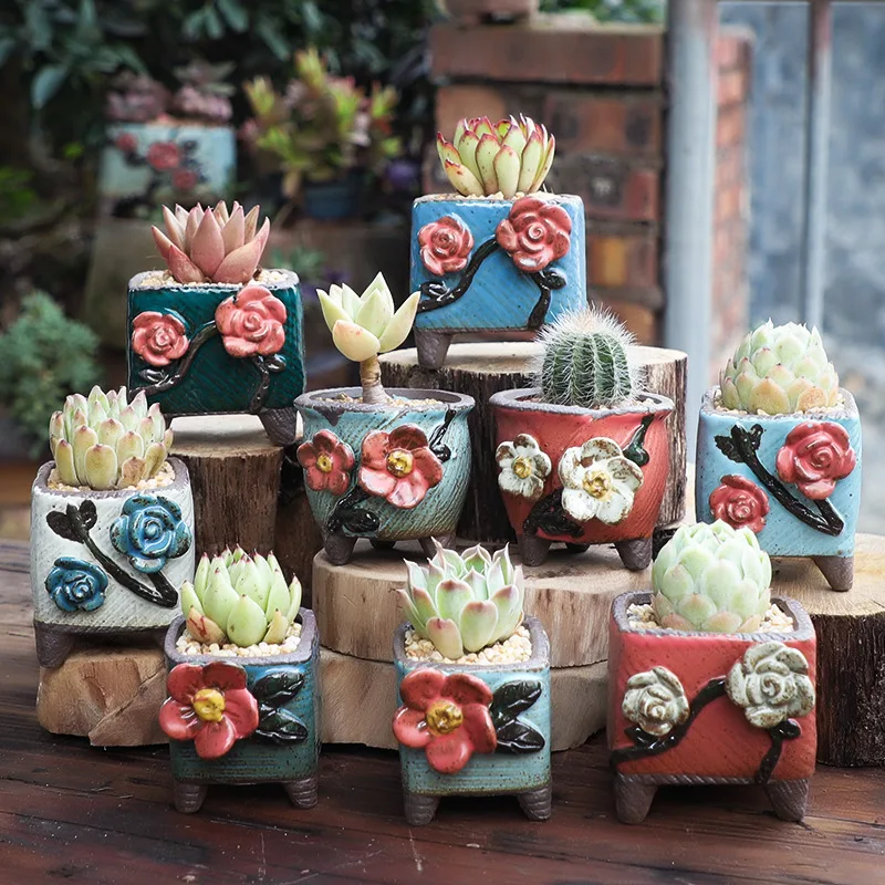 

Creative Three-dimensional Pinched Flower Ceramic Fleshy Green Plants Pot Wholesale Specials, White/bule color