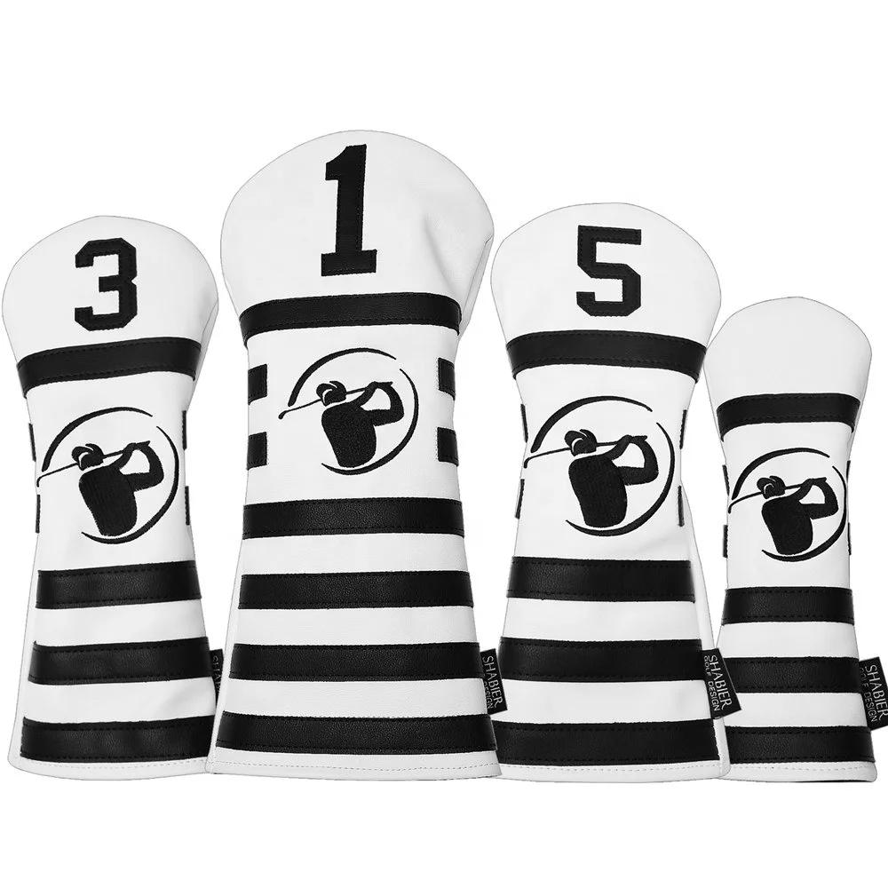 

Drop-Shipping 4pcs / Set White PU Leather Black Stripes Golf Club Headcovers Driver Fairway Wood Hybrid Cover