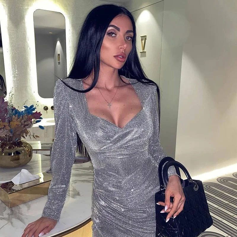 

Long Sleeve High Quality Shiny Sliver Evening Club Dress Women, Customized