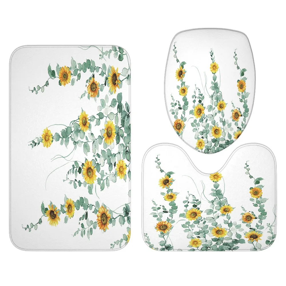 

Fresh flowers hand-painted polyester printing waterproof floor mat shower curtain set Three-piece bottom cushion