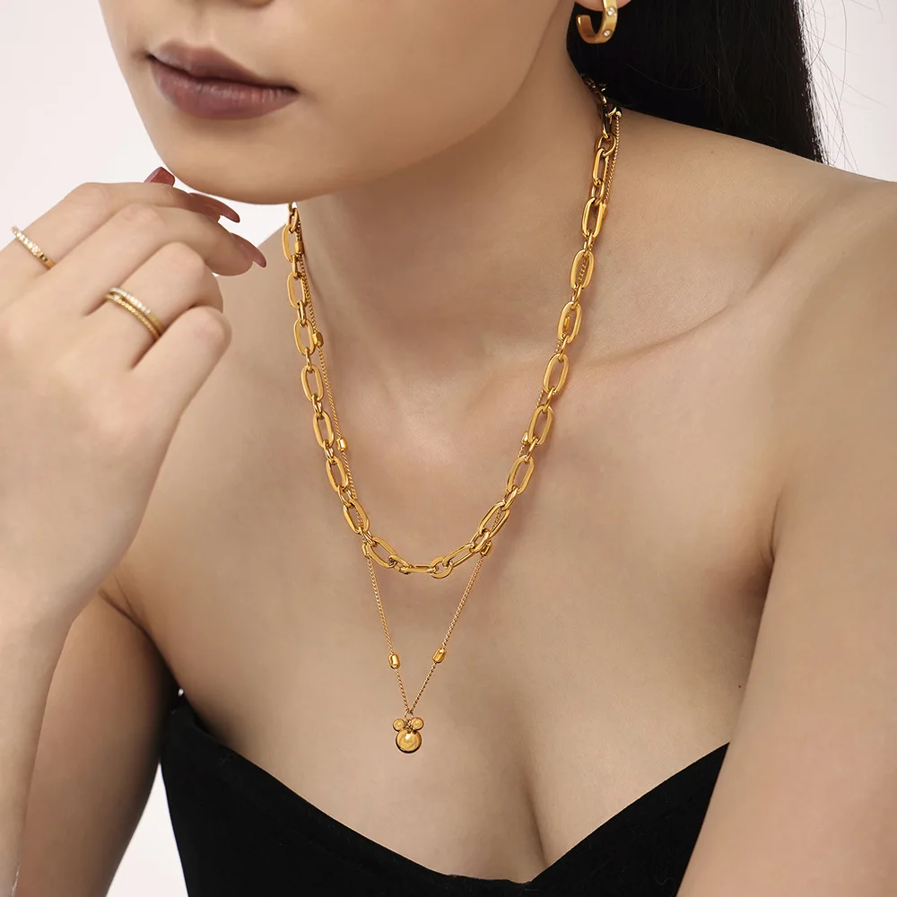YF6056 Stainless Steel Double Layer Jewelry 18k Gold Plated Mickey Pendant Necklace Waterproof