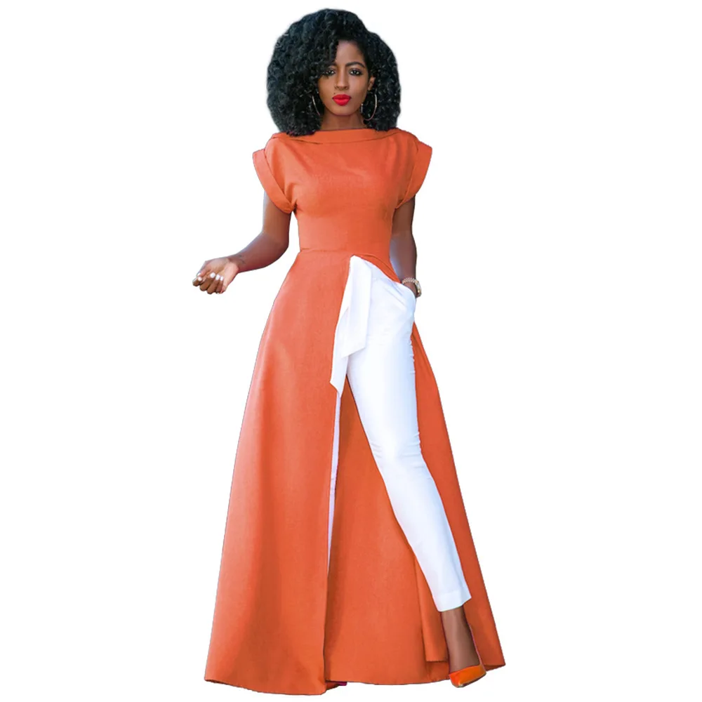 

2021Fashion summer slim high slit zipper solid color casual shirt long dress, Picture color
