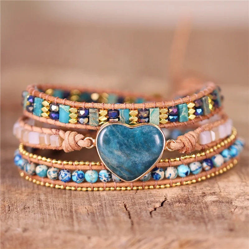 Exquisite 3 Strand Leather Wrap Bracelets Natural Heart Shape Apatite Stone Handmade Beaded Cord Bracelet Women Boho Jewelry